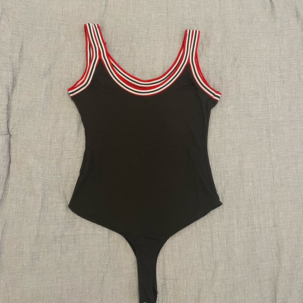 Iris Black‎ Top with Red and White Trim bodysuit Medium